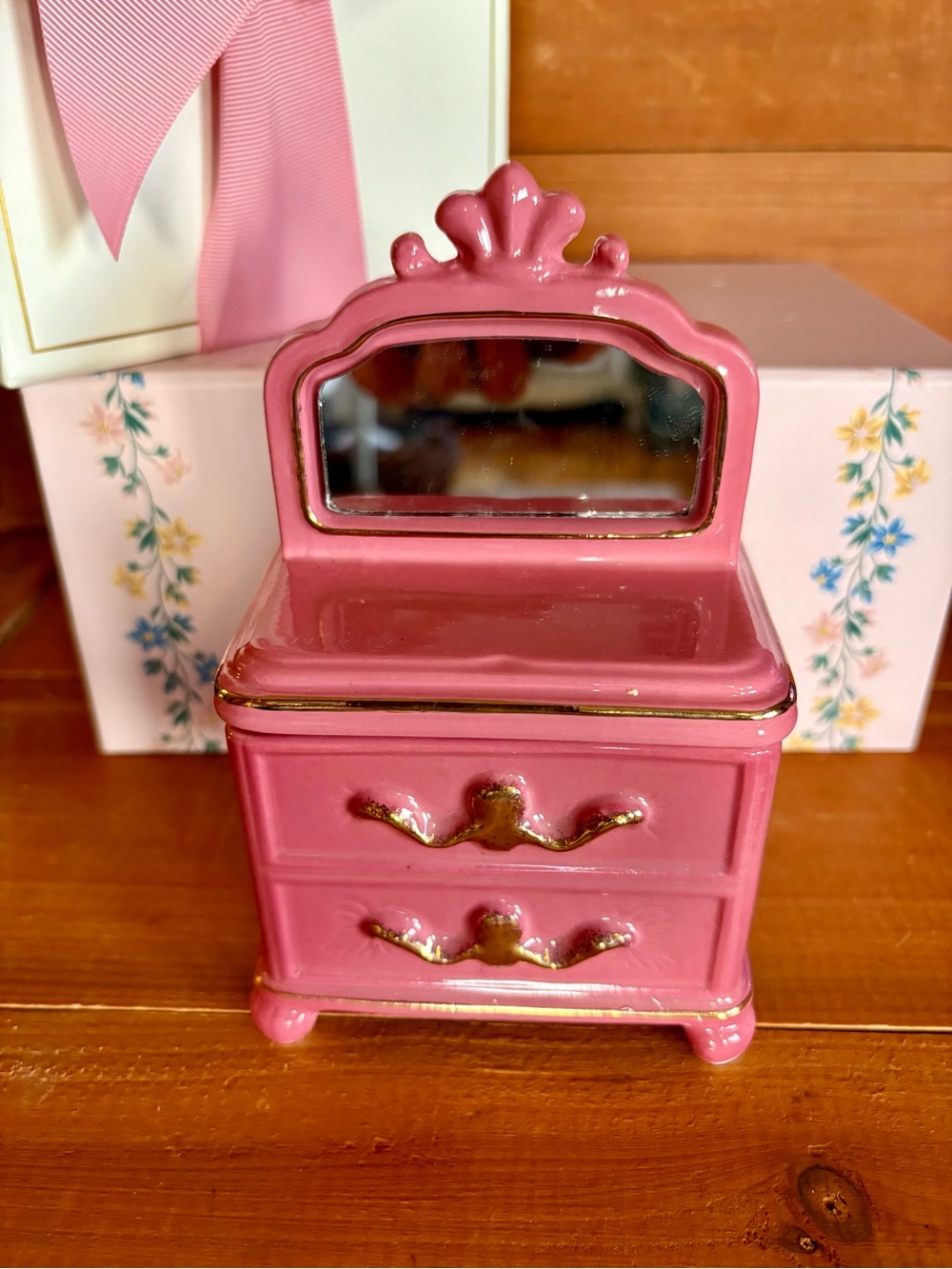 Retro Style Miniature Vanity Mirror Jewelry Trinket & Gift Box, Dusty Rose Pink